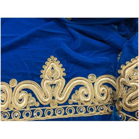 Tissu Velours Bleu Royal Sublimé par une Broderie en Fil Doré, Disponible au Mètre Couture"