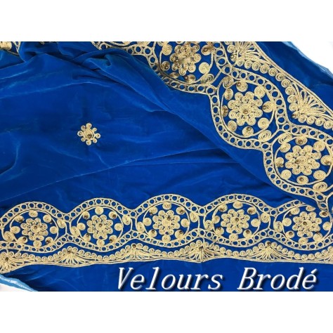 Tissu Velours Bleu Royal Ornements de Perles et de broderie Dorées, Disponible au Mètre Couture :Luxueux Charme  "
