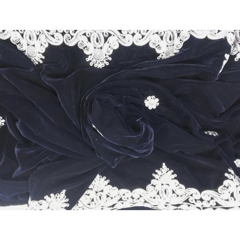 Tissu Velours Bleu Marine Brodé en Fil Argent, Une Touche de Raffinement au Mètre Couture