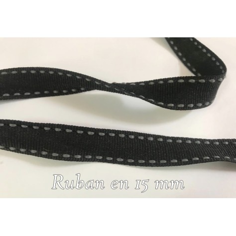 Ruban noir en 15 mm avec points cellier gris : Élégance intemporelle