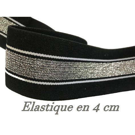 Elastique Argent lurex sur fond noir plat En 4 Cm Au Mètre A Coudre