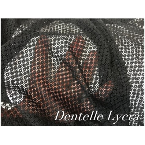 "Dentelle lycra noir brodée de motifs Ajourées en forme de rondelles : L'élégance pour des créations couture raffinées en noir."