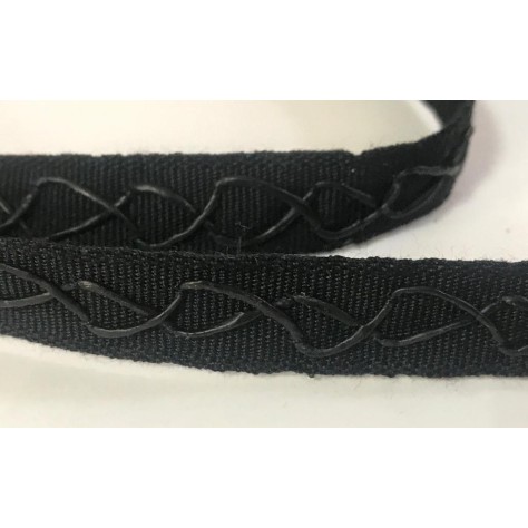 Ruban gros grain noir de 15 mm orné de fil simili cuir : l'accessoire parfait pour vos projets de couture.
