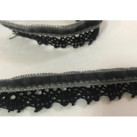 Ruban Velours en 15 mm Couleur Gris orné de dentelle noir Pour vetements et Loisirs Créatifs