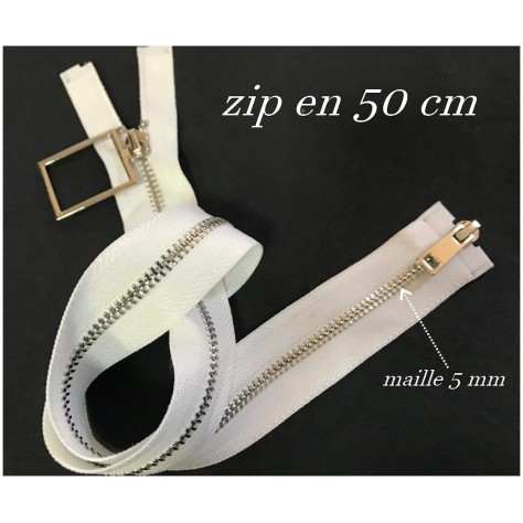 Zip Metal Fermeture A Glissière Métal Maille Fine argenté En 50 Cm Blanche Ouvrable