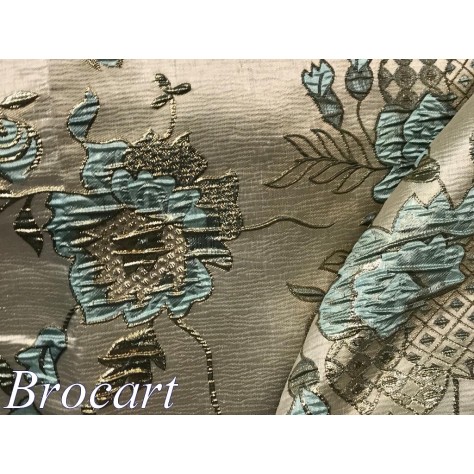 Tissu Brocart Vert D'eau Au Mètre De Luxe En Motifs Fleurs Floqué Doré Or