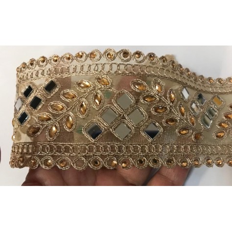 Ruban Brodé Doré OR orné de strass et de Miroir Pour Décorations Caftans Ceintures Et Customisations.