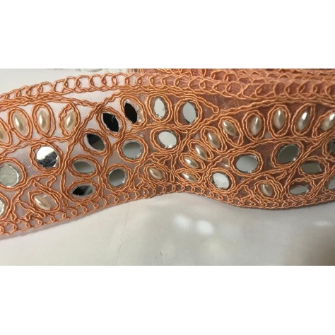 Ruban Brodé Saumon orné de perles et de Miroir Pour Décorations Caftans Ceintures Et Customisations.