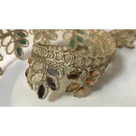 Ruban Brodé Doré OR orné de strass et de Miroir Festonné Pour Décorations Caftans Ceintures Et Customisations.