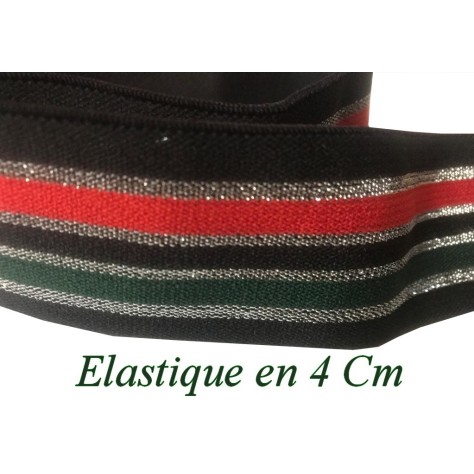 Elastique Rouge Vert et Argent lurex sur fond noir plat En 40 mm A Coudre