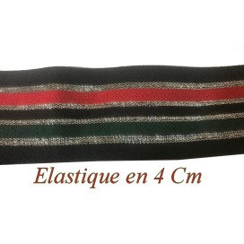 Elastique Rouge Vert et Argent lurex sur fond noir plat En 40 mm A Coudre