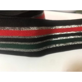 Elastique Rouge Vert et Argent lurex sur fond noir plat En 40 mm A Coudre