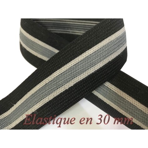 Elastique Gris et blanc sur fond noir plat En 30 mm A Coudre