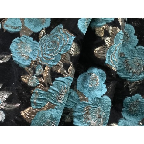 Brocart Au Mètre De Luxe En Motifs Fleurs Turquoise et Feuilles Doré or, idéal Pour Robes, Tailleurs Et Caftans.