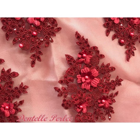 Dentelle Perlée Bordeaux Sur Résille Couture.