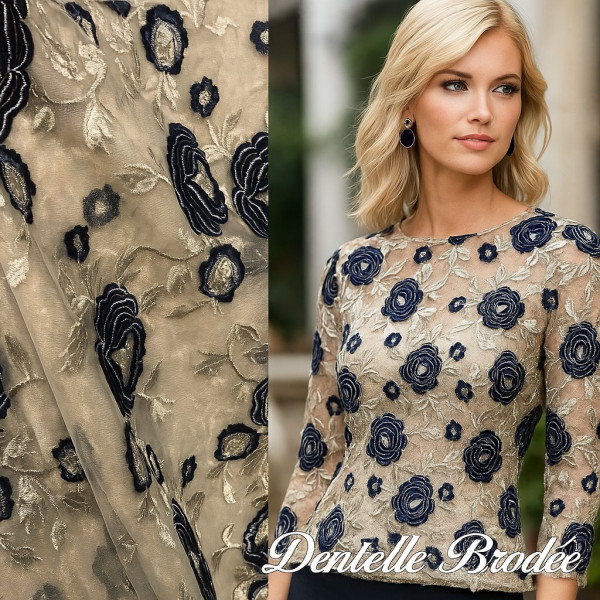 Dentelle Tissu Brodé Couture Sur Tulle Résille  Doré Or Orné De Motifs Fleurs Bleu Marine et Doré Or.