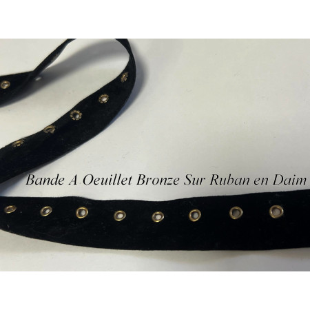 Bande A Oeuillet Bronze Au Mètre Sur Ruban en Daim Noir A Coudre Pour Agrafage et Serrage
