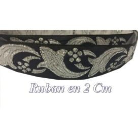 Galon Ruban Argent Fantaisie Argent Sur Fond Marine en 2 Cm.