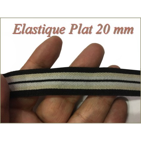 Elastique Plat Au Mètre en 20 mm A Rayure Beige Gris Et Noir Pour La Couture.