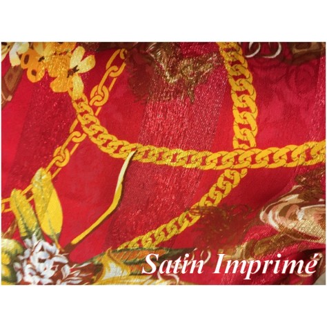 Tissu Satin Imprimé En Motif Or Doré Et Rouge Pour Fabrication de vetements et customisations.
