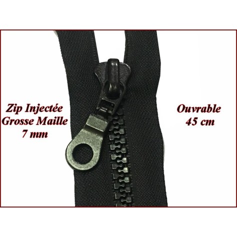 Fermeture Eclair A Glissière 45 Cm Noir Ouvrable Grosse maille de 7 mm En Plastique Injecté A Coudre.
