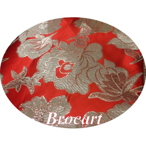 Tissu Brocart Argenté  Sur Fond Rouge Au Mètre De Luxe En Motifs Fleurs Pour Robes, Tailleurs Et Caftans