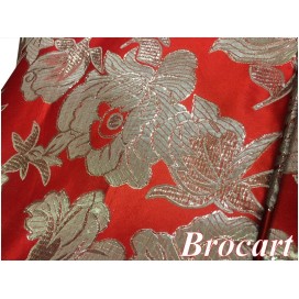 Tissu Brocart Argenté  Sur Fond Rouge Au Mètre De Luxe En Motifs Fleurs Noir Pour Robes, Tailleurs Et Caftans