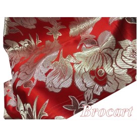 Tissu Brocart Argenté  Sur Fond Rouge Au Mètre De Luxe En Motifs Fleurs Noir Pour Robes, Tailleurs Et Caftans