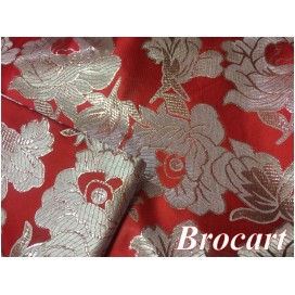 Tissu Brocart Argenté  Sur Fond Rouge Au Mètre De Luxe En Motifs Fleurs Noir Pour Robes, Tailleurs Et Caftans