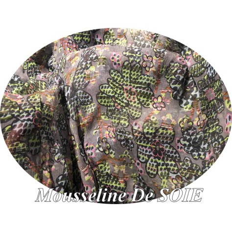 Tissu Mousseline de Soie Imprimé Floral Sur Fond Gris Haute Couture Multicolor Au Mètre.