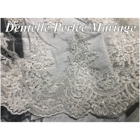 Dentelle Perlée Blanche Couture par coupon de 3,5 mètres  En Grande Largeur, Pour Robes De Mariage Et Cerémonie.