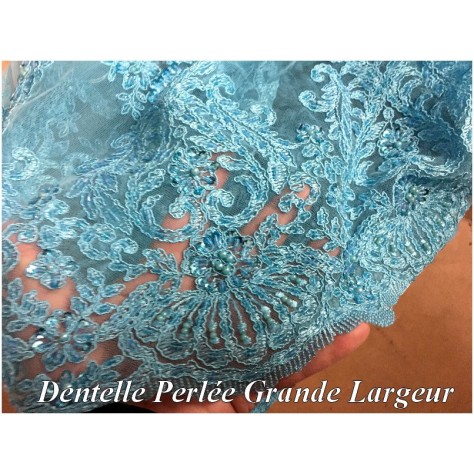 Dentelle Perlée Turquoise Au Mètre En Grande Largeur, Pour Caftan Et Cerémonie.