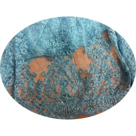 Dentelle Perlée Turquoise Au Mètre En Grande Largeur, Pour Caftan Et Cerémonie.
