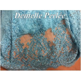 Dentelle Perlée Turquoise Au Mètre En Grande Largeur, Pour Caftan Et Cerémonie.