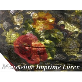 Tissu Mousseline Imprimé Lurex  FLeurs Doré Or et Argent Au Mètre Couture