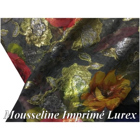 Tissu Mousseline Dévoré  Imprimé Lurex  FLeurs Doré Or et Argent Au Mètre Couture