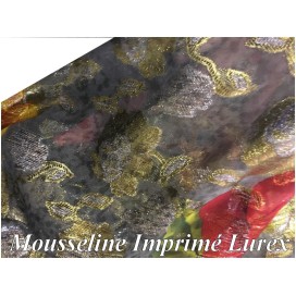 Tissu Mousseline Imprimé Lurex  FLeurs Doré Or et Argent Au Mètre Couture