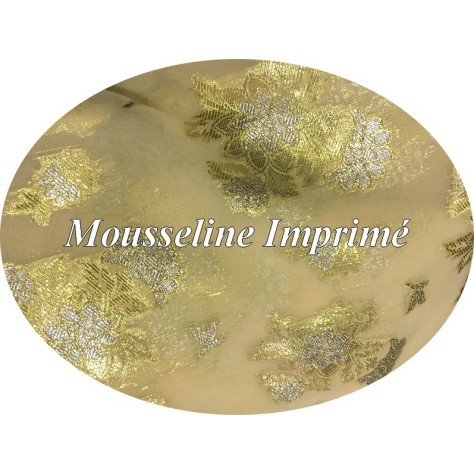 Tissu Mousseline Imprimé Lurex  FLeurs Doré Or et Argent Au Mètre Couture