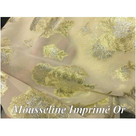 Tissu Mousseline Imprimé Lurex  FLeurs Doré Or et Argent Au Mètre Couture