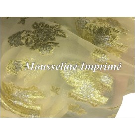 Tissu Mousseline Imprimé Lurex  FLeurs Doré Or et Argent Au Mètre Couture