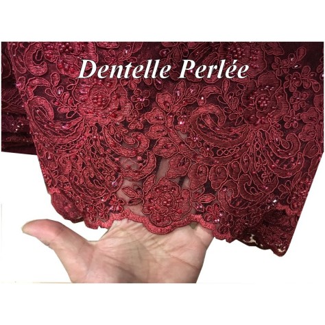 Dentelle Perlée Bordeaux En Grande Largeur , Pour Robes De Cerémonie, Bustier Et Lingerie De Luxe.