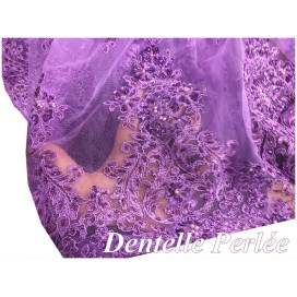 Dentelle Perlée Parme En Grande Largeur , Pour Robes De Cerémonie, Bustier Et Lingerie De Luxe.