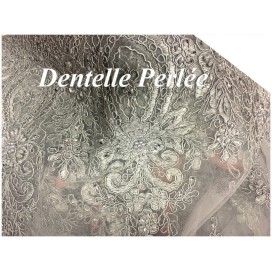 Dentelle Perlée Gris Perle En Grande Largeur , Pour Robes De Cerémonie, Bustier Et Lingerie De Luxe.