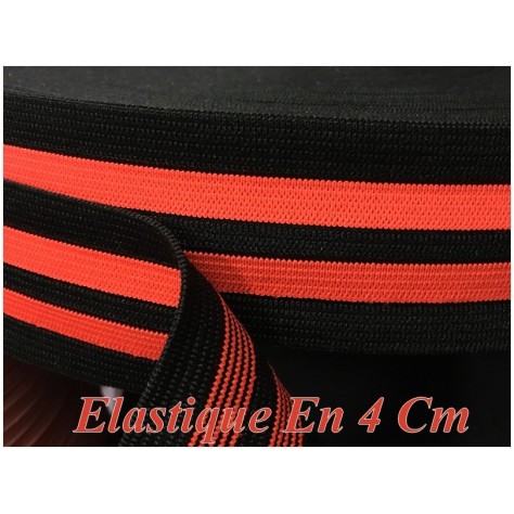 Elastique Orange Fluo  Sur Fond Noir En 4 Cm, Ruban Plat Elastique  Au Mètre A Coudre .