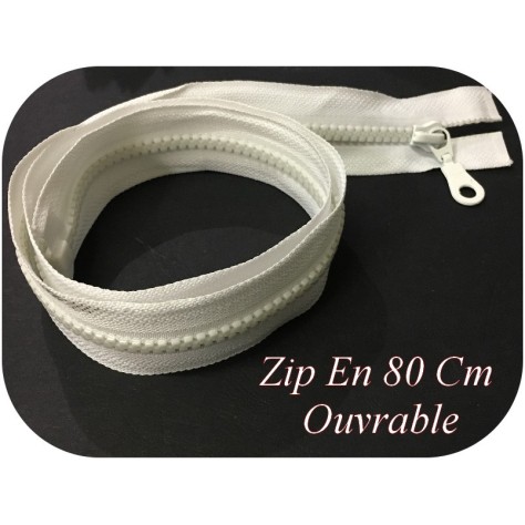 Zip Fermeture Eclair En 80 Cm BLANCHE  à Glissière En Maille Plastique Injecté à Coudre Séparable.